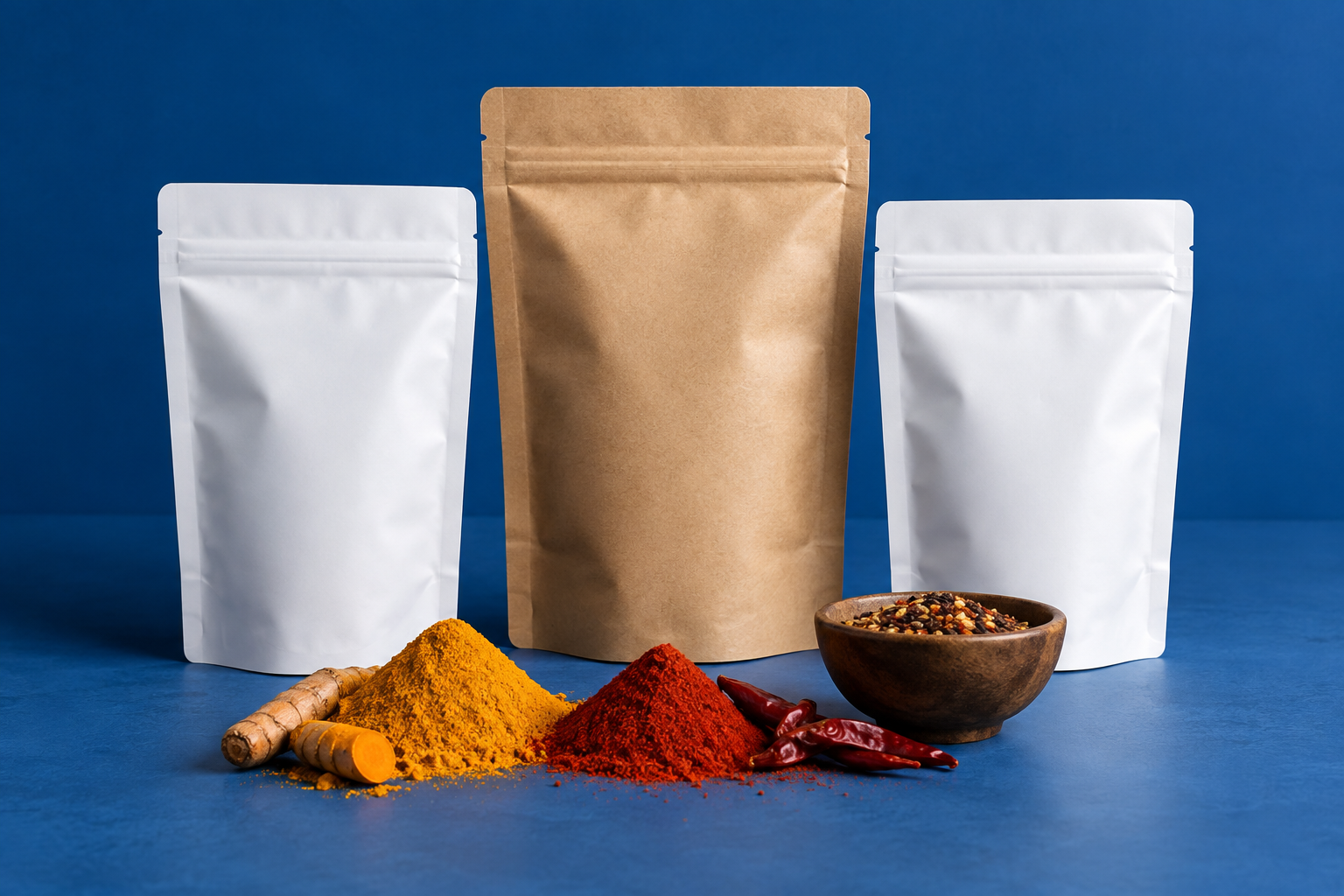 Illustrative unbranded food pouches with spices on a blue background